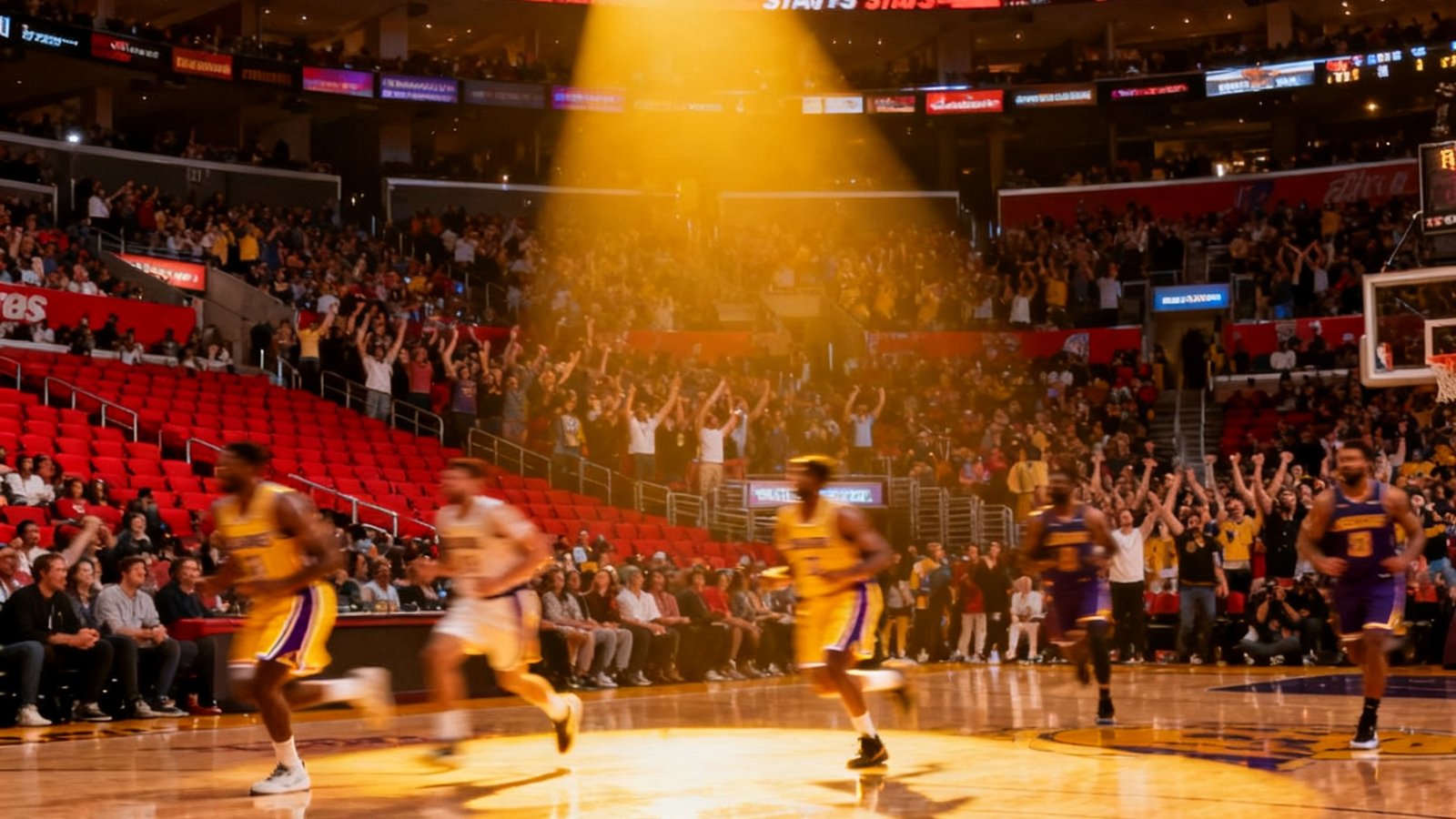 NBA季后赛洛杉矶湖人队在斯台普斯中心主场迎战对手，球场地板反光映照出聚光灯，观众席座无虚席气氛热烈